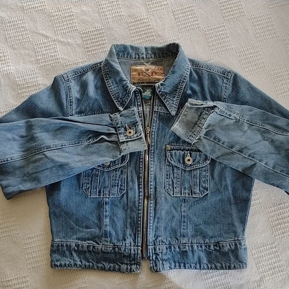 Vintage Express Cropped Waist Casual Long Sleeve Denim Zipper Jean Jacket - Picture 3 of 7